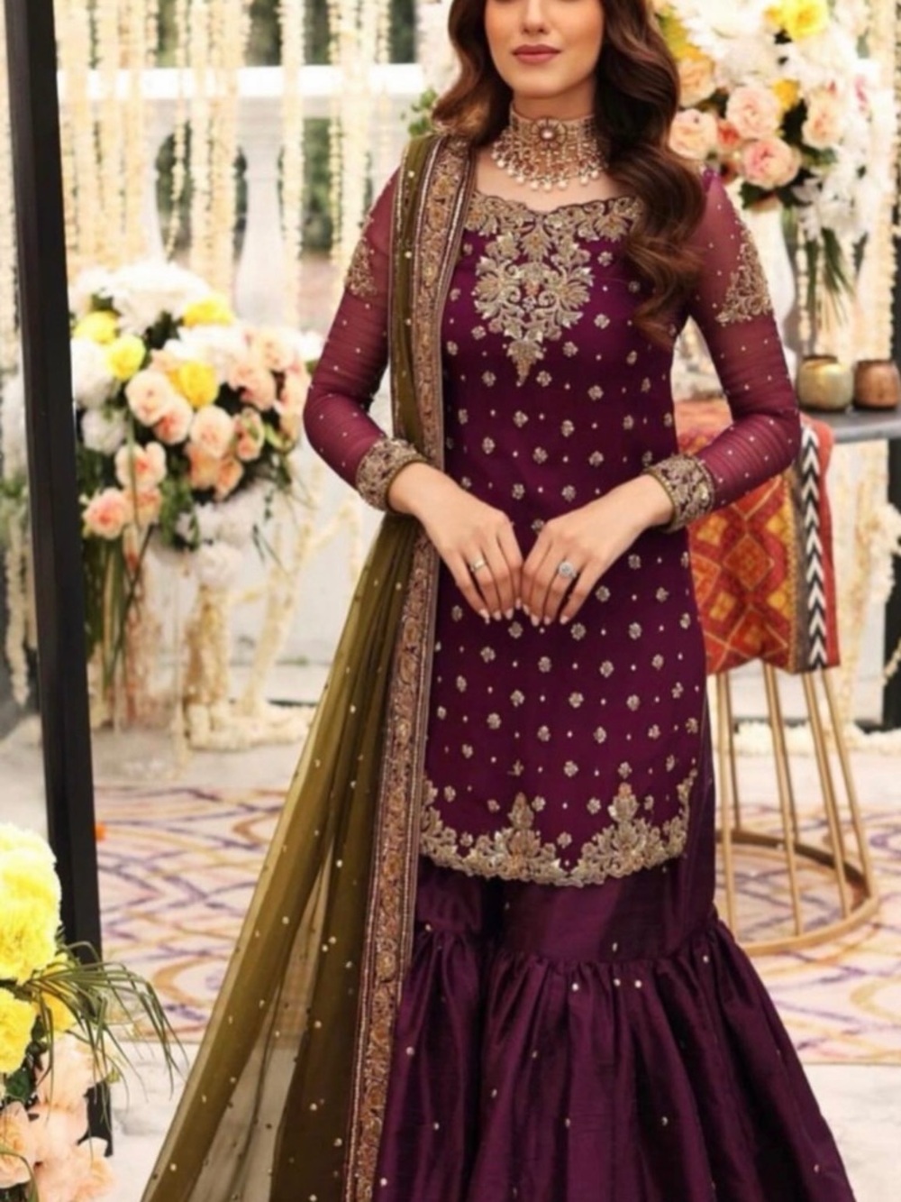 Embroidered Plum Formal Women's Dress with Olive Dupatta